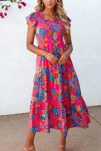 Boho Floral V Neck Ruffle Tiered Dress Hot Pink Casual Dresses