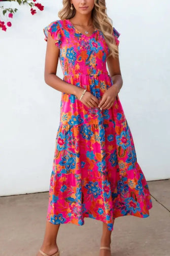 Boho Floral V Neck Ruffle Tiered Dress Hot Pink Casual Dresses