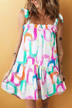 Abstract Print Knotted Straps Ruffled Mini Dress White