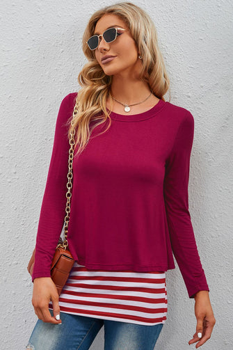 Full Size Striped Faux Layered Long Sleeve Top Wine