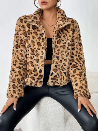 Fuzzy Turtleneck Leopard Zip Up Jacket Camel Woman Outerwear