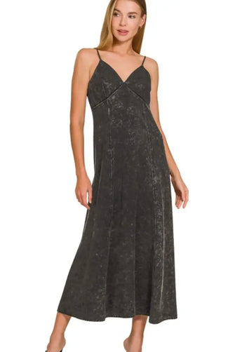 Zenana Tencel Mineral Washed Maxi Dress ASH BLACK Casual Dresses