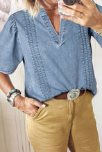 Casual Notched Puff Sleeve Denim Top Light Blue