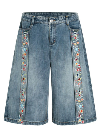 Men's Floral Trim Wide Leg Denim Shorts Blue