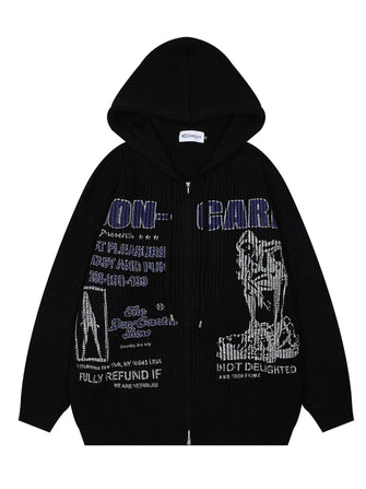 Men's Graphic Zip-Up Hooded Cardigan Black