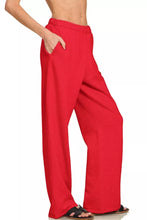Red wide-leg zenana fleece sweatpants with elastic waistband and side pockets for comfortable casual wear
