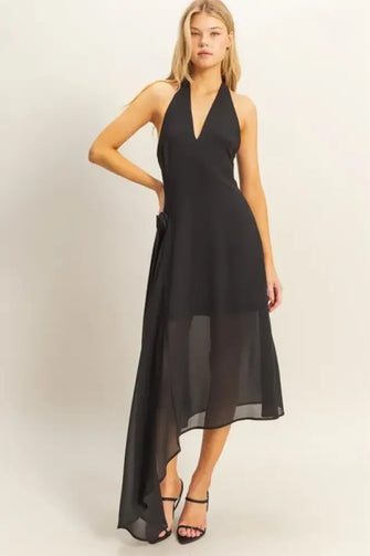 HYFVE Chiffon Halter Asymmetrical Hem Dress BLACK Casual Dresses