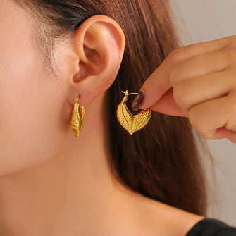 Titanium Steel Leaf Shape Earrings Gold One Size