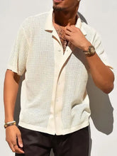 Men's Full Size Openwork Button Down Collared Neck Shirt Plus Size Beige Mens Tops