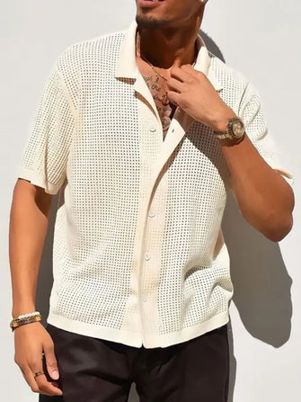 Men's Full Size Openwork Button Down Collared Neck Shirt Plus Size Beige Mens Tops