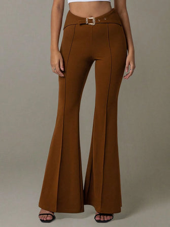 High Waist Flare Pants with Buckle Belt Brown