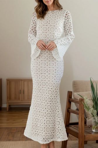 Lace Backless Round Neck Flare Sleeve Dress White Woman Maxi Dress
