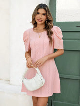 Eyelet Round Neck Puff Short Sleeve Mini Dress