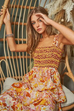 Davi & Dani Multi Smocked Bodice Geo Ruffle Strappy Midi Dress Orange Tan Casual Dresses