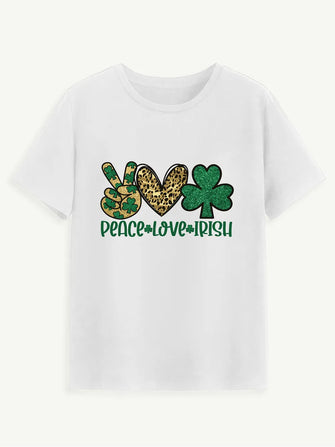 PEACE LOVE IRISH Round Neck Short Sleeve T-Shirt White