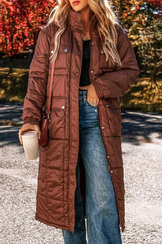 Pocketed Bubble Texture Long Sleeve Longline Winter Coat Brown Woman Outerwear