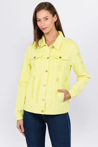 American Bazi Distressed Back Button Down Denim Jacket Lime Neon Yellow Woman Outerwear