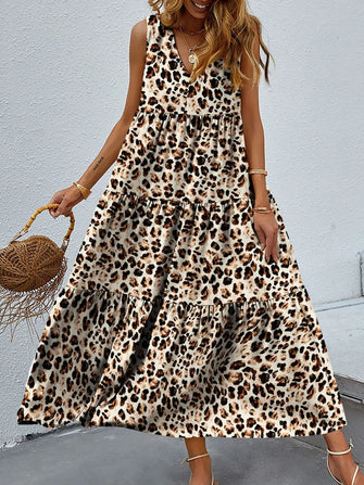 Printed V-Neck Tiered Maxi Tank Dress Leopard