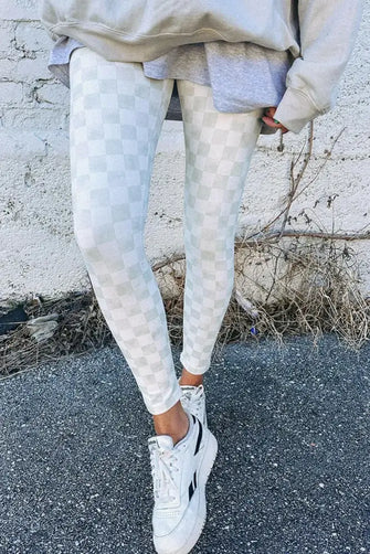 Checkered Elastic Waist Leggings White Woman Leggings