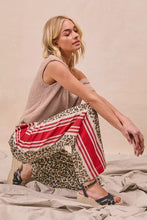 BiBi leopard print pants with red striped wide legs and side contrast tucking welt pocket in lightweight fabric