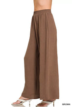 Brown zenana woven airflow elastic waistband wide-leg pants with textured fabric for comfortable wear