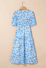 Floral V Neck Puff Short Sleeve Flowy Dress