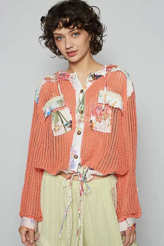 POL Vintage Washed Crochet Hoodie Jacket With Patchwork CORAL ORANGE MULTI Cardigans