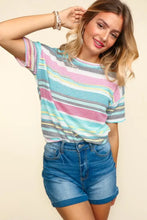 Haptics Waffle Stripe Short Sleeve T-Shirt Mint Fuchsia Woman T Shirts