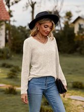 Ribbed V-Neck Long Sleeve Tee Woman T Shirts
