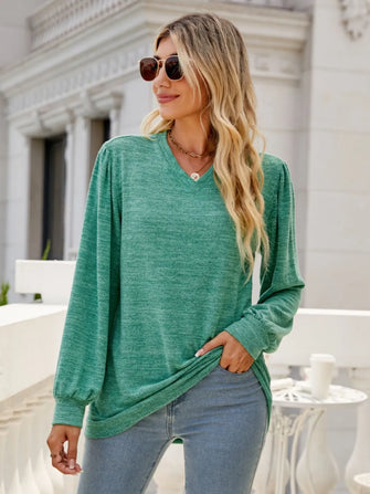 Heathered V-Neck Long Sleeve T-Shirt Turquoise