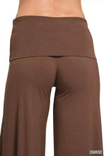 Brown zenana fold over waist comfy wide-leg pants made of soft stretchy fabric with high-waisted elastic band