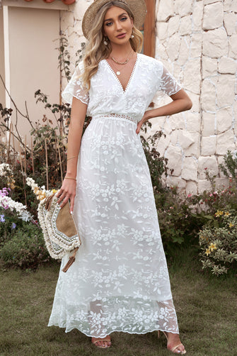 Embroidered Short Sleeve Surplice Neck Maxi Dress White