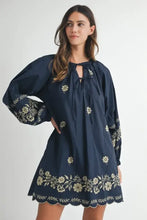 MABLE Embroidered Long Sleeve Peasant Mini Dress Navy Casual Dresses