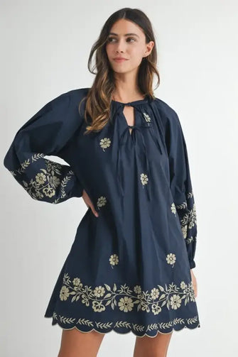 MABLE Embroidered Long Sleeve Peasant Mini Dress Navy Casual Dresses