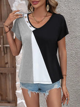 Ivy Lane Color Block Decorative Button V-Neck Tee Woman T Shirts