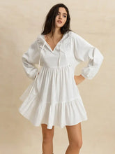 Tiered Tie Neck Long Sleeve Mini Dress White Casual Dresses