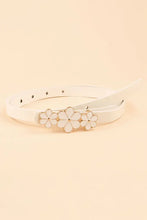 White skinny PU belt with flower decor and silver buckle