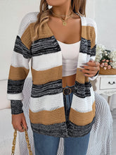 Openwork Striped Open Front Cardigan Camel