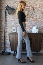 High-waisted gray plaid flare pants with wide waistband full size plus size heimish full size plaid flare pants
