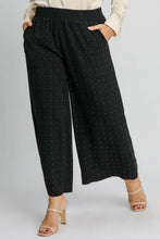 Umgee full size high waisted black linen pants with subtle white polka dots embellished linen pants plus size