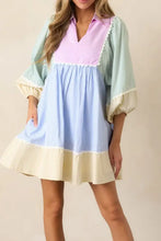 Striped Patchwork Ric Rac Puff Sleeve Collared Mini Dress Casual Dresses