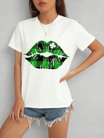 Plaid Lip Graphic Round Neck T-Shirt White