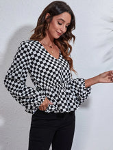 Checkered V-Neck Balloon Sleeve Peplum Blouse Woman Blouses