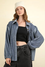 VERY J Mixed Media Button Down Raw Hem Shacket Denim Woman Outerwear