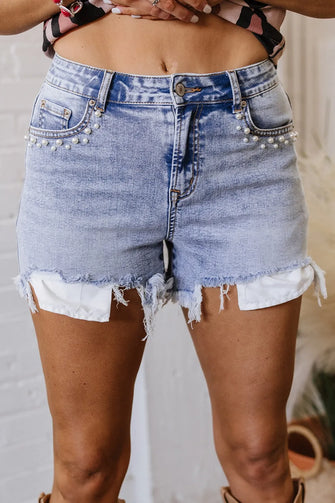 Pearl Studded Pockets Raw Hem Denim Shorts Light Blue