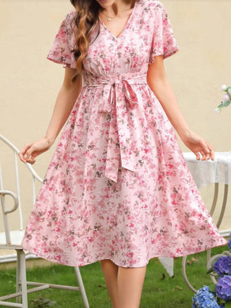 Floral Print V-Neck Belted Midi Dress Red