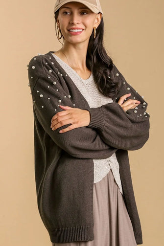 Umgee Full Size Open Front Cardigan with Long Sleeve Pearl Details Plus Size CHARCOAL