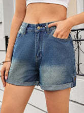 High Waist Rolled Hem Gradient Denim Shorts Blue