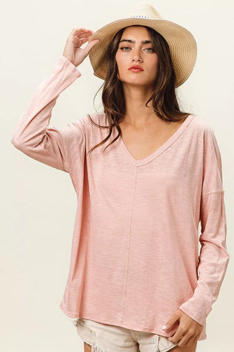 BiBi Exposed Seam V-Neck Long Sleeve T-Shirt BLUSH Woman T Shirts