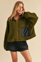 Aemi + Co Collared Neck Zip Up Sherpa Jacket Olive Woman Outerwear